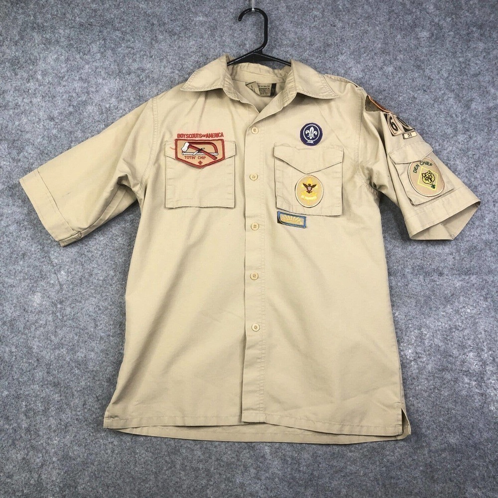 Boy Scouts of America Uniform Shirt Youth L Vented Tan Short Sleeve Patch